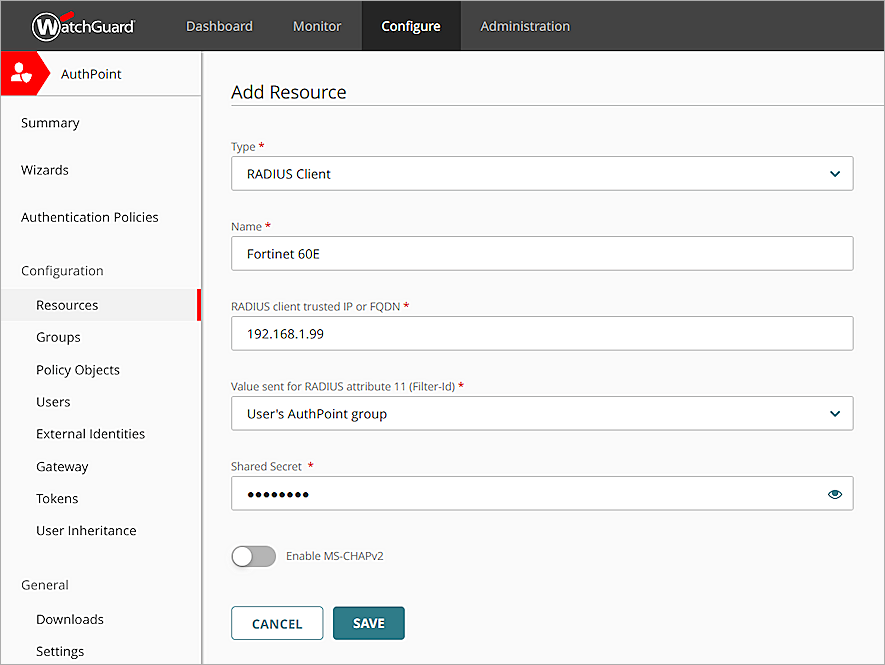 Screen shot of AuthPoint Add Resource page
